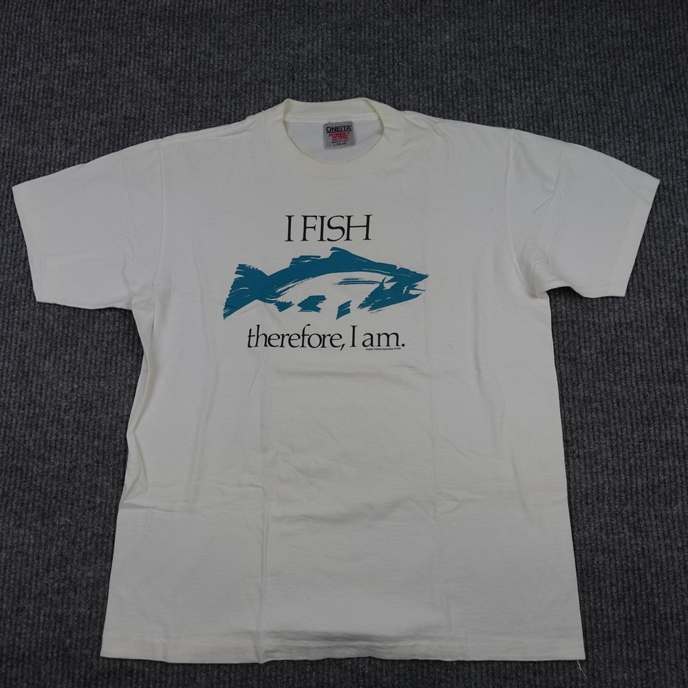 Vintage I Fish Therefore I Am Shirt Mens Large White 1988 Fishing Tee Oneita
